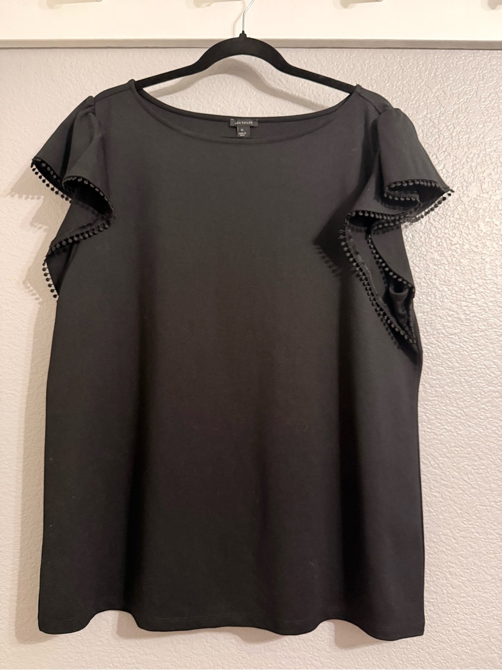Ann Taylor Black Flutter Pom-Trim Blouse